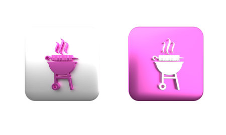 Colorful Barbecue grilled shish kebab on skewer stick icon isolated on white background. BBQ meat kebab on skewer stick. Picnic with grilled meat. Square button. 3D render illustration.の写真素材