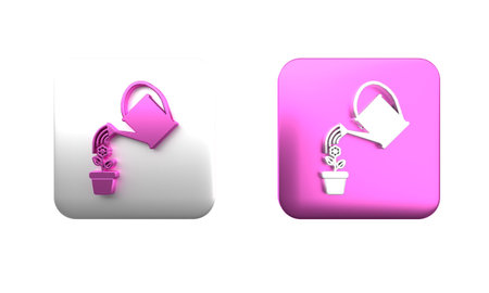 Colorful Watering can spray water drops above flower in pot icon isolated on white background. Irrigation symbol. Square button. 3D render illustration.の写真素材