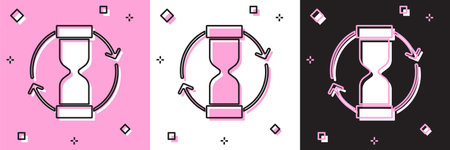Set Old hourglass with flowing sand icon isolated on pink and white, black background. Sand clock...