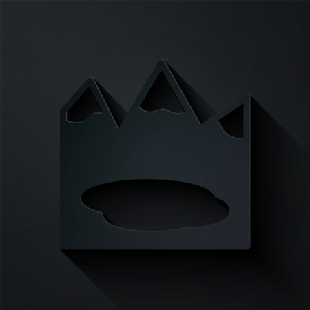Paper cut Canadian landscape with mountains and lake icon isolated on black background. Paper art style. Vector.のイラスト素材
