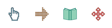 Set Pixel hand cursor, Dots arrow, Open book and arrows in four directions icon. Vector.のイラスト素材