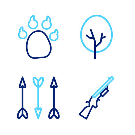 Set line Shotgun Hipster arrows Tree and Paw print icon. Vector.のイラスト素材
