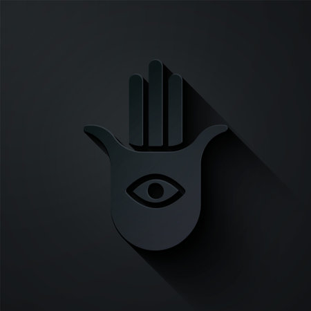 Paper cut Hamsa hand icon isolated on black background. Hand of Fatima - amulet, symbol of protection from devil eye. Paper art style. Vector.のイラスト素材