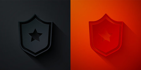 Paper cut Police badge icon isolated on black and red background. Sheriff badge sign. Shield with star symbol. Paper art style. Vector.のイラスト素材