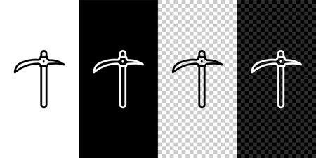 Set line Pickaxe icon isolated on black and white, transparent background. Vector.のイラスト素材