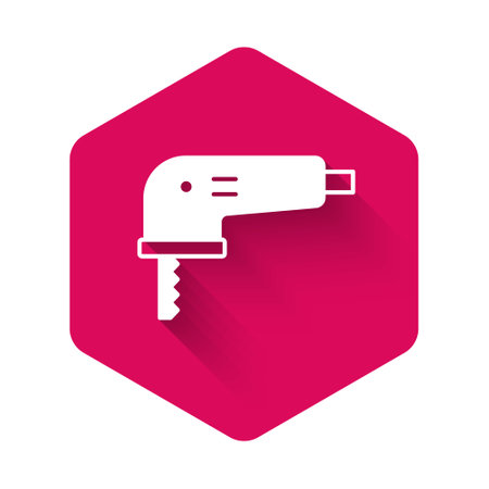 White Electric jigsaw with steel sharp blade icon isolated with long shadow background. Power tool for woodwork. Pink hexagon button. Vector.のイラスト素材
