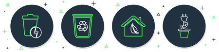 Set line Recycle bin with recycle Eco friendly house Lightning trash can and Electric saving plug pot icon. Vector.のイラスト素材