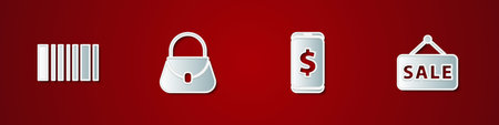 Set Barcode, Handbag, Smartphone with dollar and Hanging sign Sale icon. Vector.のイラスト素材