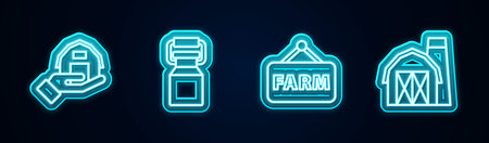 Set line Farm house in hand, Can container for milk, Signboard with text and . Glowing neon icon. Vector.のイラスト素材