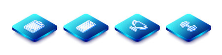 Set Isometric line Clipboard with document, Mobile Apps, Trophy cup and Dumbbell icon. Vector.のイラスト素材