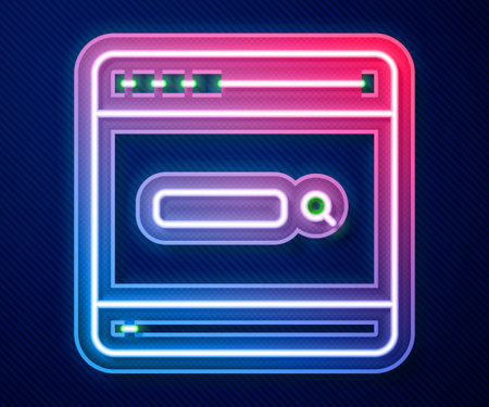 Glowing neon line Search engine icon isolated on blue background. Vector.のイラスト素材