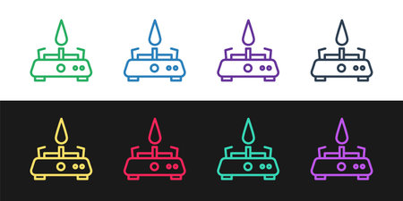 Set line Camping stove gas icon isolated on black and white background. Portable gas burner. Hiking, camping equipment. Vector.のイラスト素材