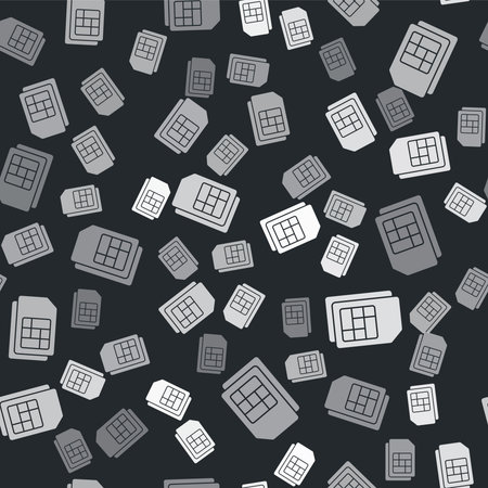 Gray Sim card icon isolated seamless pattern on black background. Mobile cellular phone sim card...