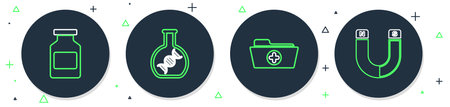 Set line DNA research search Health record folder Medicine bottle and Magnet icon. Vector.のイラスト素材