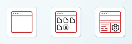 Set line Debugging Browser window and files icon. Vector.