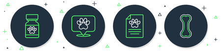 Set line Location veterinary hospital Clinical record pet Medicine bottle and pills and Dog bone icon. Vector.のイラスト素材