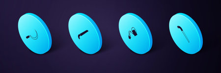Set Isometric Garden saw, Watering can, and Sickle icon. Vector.