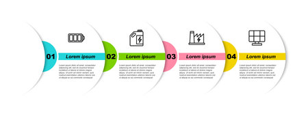 Set line Battery, Eco fuel canister, Nuclear power plant and Solar energy panel. Business infographic template. Vector.のイラスト素材
