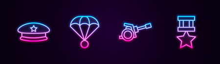 Set line Military beret, Parachute, Howitzer and reward medal. Glowing neon icon. Vector.のイラスト素材
