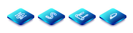 Set Isometric line Kayak or canoe, Worm, Swiss army knife and Fishing rod icon. Vector.