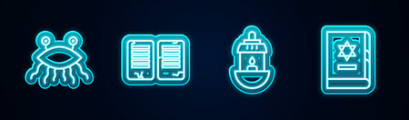 Set line Pastafarianism, The commandments, Ramadan Kareem lantern and Jewish torah book. Glowing neon icon. Vector.のイラスト素材