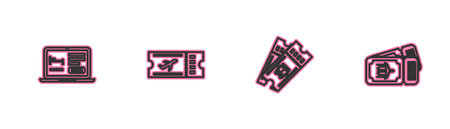 Set line Online hotel booking, Bus ticket, Airline and icon. Vector.