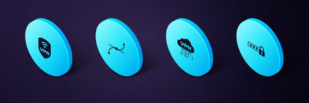 Set Isometric Password protection, Cloud VPN interface, Bezier curve and Shield with wireless icon....