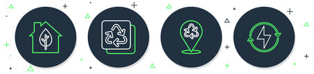Set line Recycle Eco friendly house and Lightning bolt icon. Vector.