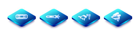 Set Isometric line Rafting boat, Flashlight, Wooden ax stump and Tourist tent icon. Vector.