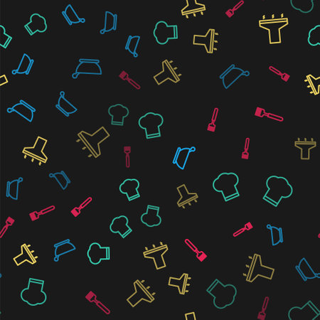 Set line Mortar and pestle, Chef hat, Kitchen extractor fan and Fork on seamless pattern. Vector.のイラスト素材