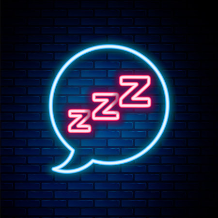 Glowing neon line Speech bubble with snoring icon isolated on brick wall background. Concept of sleeping, insomnia, alarm clock app, deep sleep, awakening. Colorful outline concept. Vector.のイラスト素材