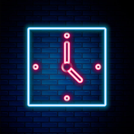 Glowing neon line Clock icon isolated on brick wall background. Time symbol. Colorful outline concept. Vector.のイラスト素材