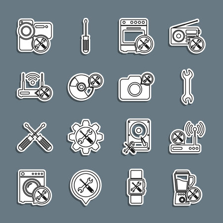 Set line Blender service Router wi-fi Wrench Oven CD or DVD disk with Video camera and Photo icon. Vector.のイラスト素材