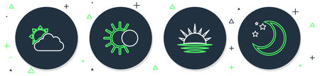 Set line Eclipse of the sun Sunset and cloud weather and Moon stars icon. Vector.