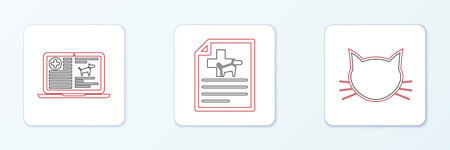 Set line Cat Clinical record dog on laptop and Medical certificate for cat icon. Vector.のイラスト素材