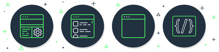 Set line Browser files window Debugging and Programming language syntax icon. Vector.