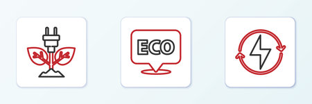 Set line Lightning bolt Electric saving plug leaf and Label for eco healthy food icon. Vector.