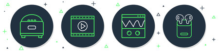 Set line Online play video Oscilloscope Stereo speaker and Air headphones box icon. Vector.のイラスト素材