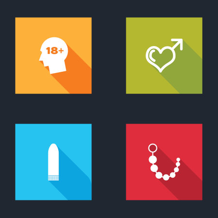 Set Head with 18 plus, Male gender and heart, Dildo vibrator and Anal beads icon. Vector.のイラスト素材