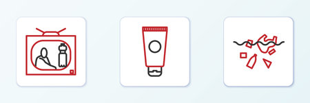 Set line Problem of pollution planet Stop plastic and Cream cosmetic tube icon. Vector.
