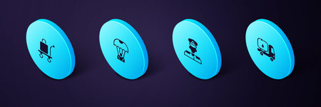 Set Isometric Fuel tanker truck, Pilot, Parachute and Trolley baggage icon. Vector.