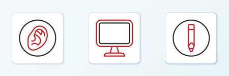 Set line Pencil Ear listen sound signal and Computer monitor icon. Vector.
