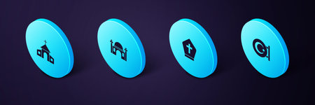 Set Isometric Star and crescent, Pope hat, Muslim Mosque and Church building icon. Vector.