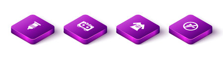 Set Isometric Condom, Retro audio cassette tape, Peace dress print stamp and No war icon. Vector.