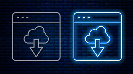 Glowing neon line Cloud technology data transfer and storage icon isolated on brick wall background. Vector.のイラスト素材