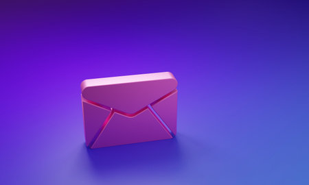 Pink Envelope icon isolated on purple-blue background. Email message letter symbol. Minimalism concept. 3D render illustration.の写真素材