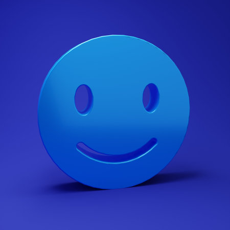 Blue Smile face icon isolated on blue background. Smiling emoticon. Happy smiley chat symbol. Minimalism concept. 3D render illustration.の写真素材
