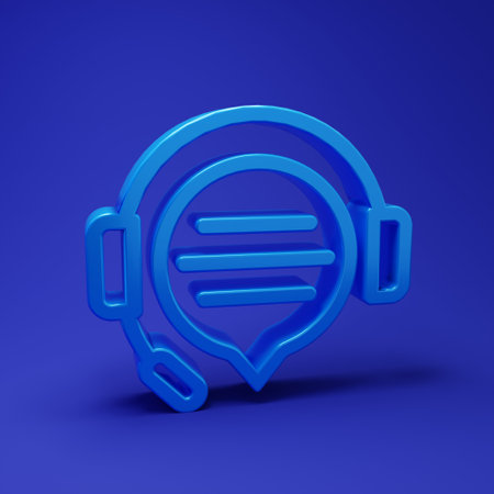 Blue Headphones with speech bubble chat icon isolated on blue background. Support customer service, hotline, call center, faq, maintenance. Minimalism concept. 3D render illustration.の写真素材