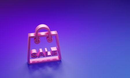 Pink Shopping bag with an inscription Sale icon isolated on purple-blue background. Handbag sign. Woman bag icon. Female handbag sign. Minimalism concept. 3D render illustration.の写真素材