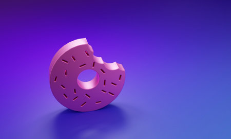 Pink Donut with sweet glaze icon isolated on purple-blue background. Minimalism concept. 3D render illustration.の写真素材